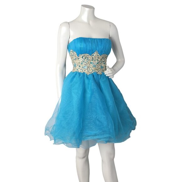 Original Organza Tulle Jeweled Prom Short Dress Blue Strapless Rhinestone - Picture 9 of 9
